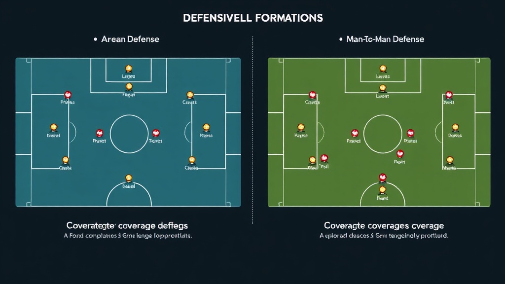 지역 방어와 대인 방어 시 수비수 배치와 커버 범위를 나타낸 다이어그램